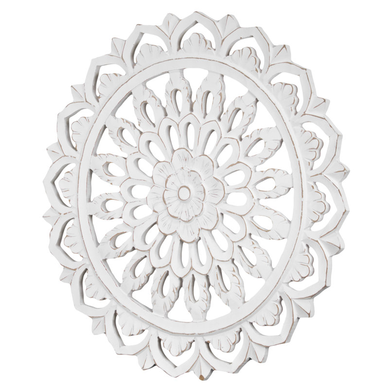 One Allium Way HandCarved Floral Wall Medallion White